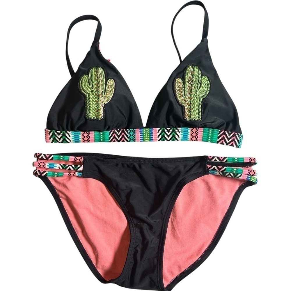 Xhilaration Black Cactus Embroidered Bikini Set